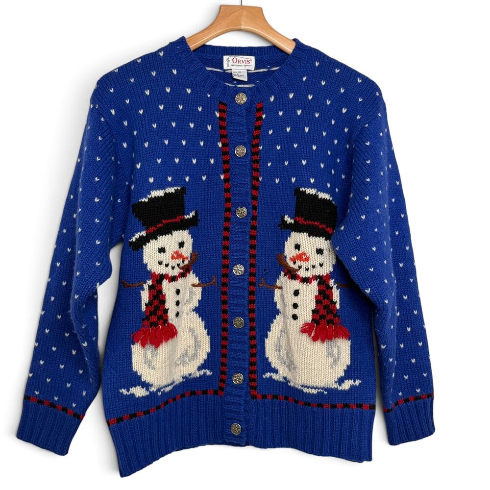 Vintage Orvis Womens Cardigan Size L Wool Snowman Sweater Blue Knit